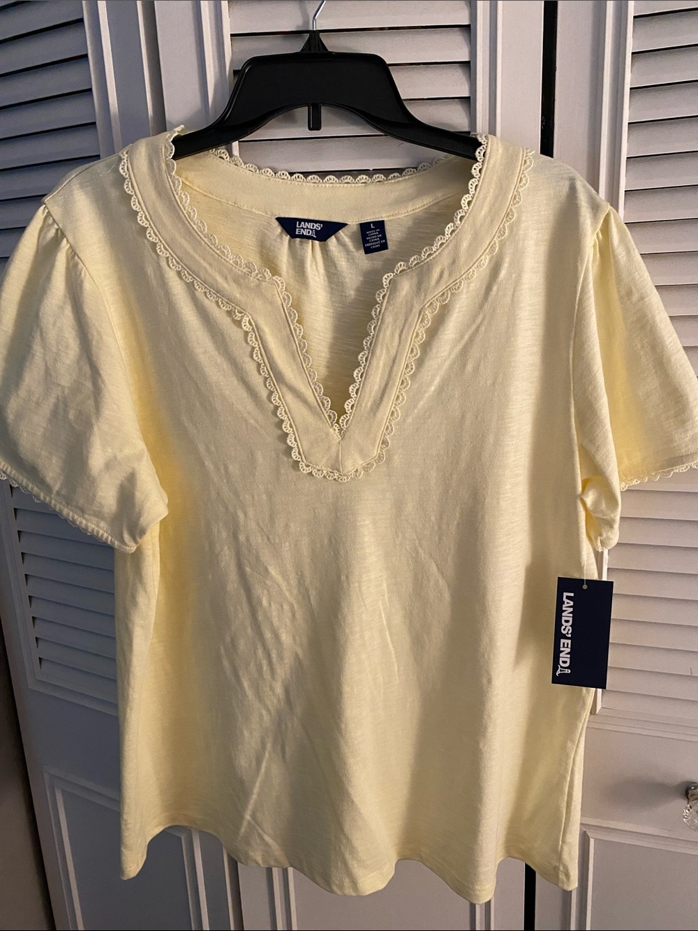 Lands' End Pale Yellow Short Sleeve Top with Lace-Trim V-Neck